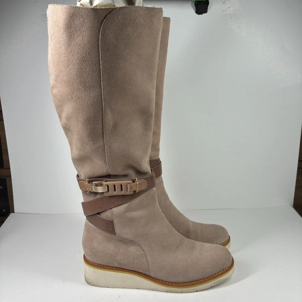 Cole Haan Gerina Women's US 7.5B Taupe Suede Waterproof Wedge Knee-High Boots
